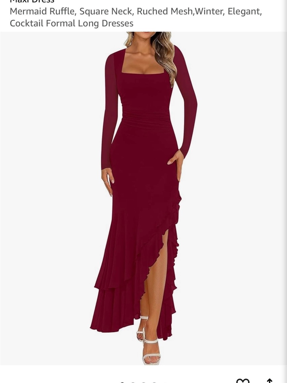 Square-Neck Long Sleeve Ruffle Maxi Dress - Burgundy